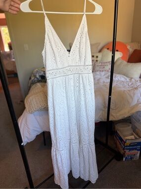 Simple White Eyelet V-Neck Maxi Dress